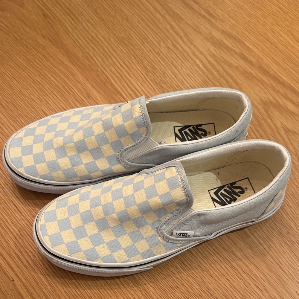 Vans Light Blue and Cream Checkered Slip-Ons
